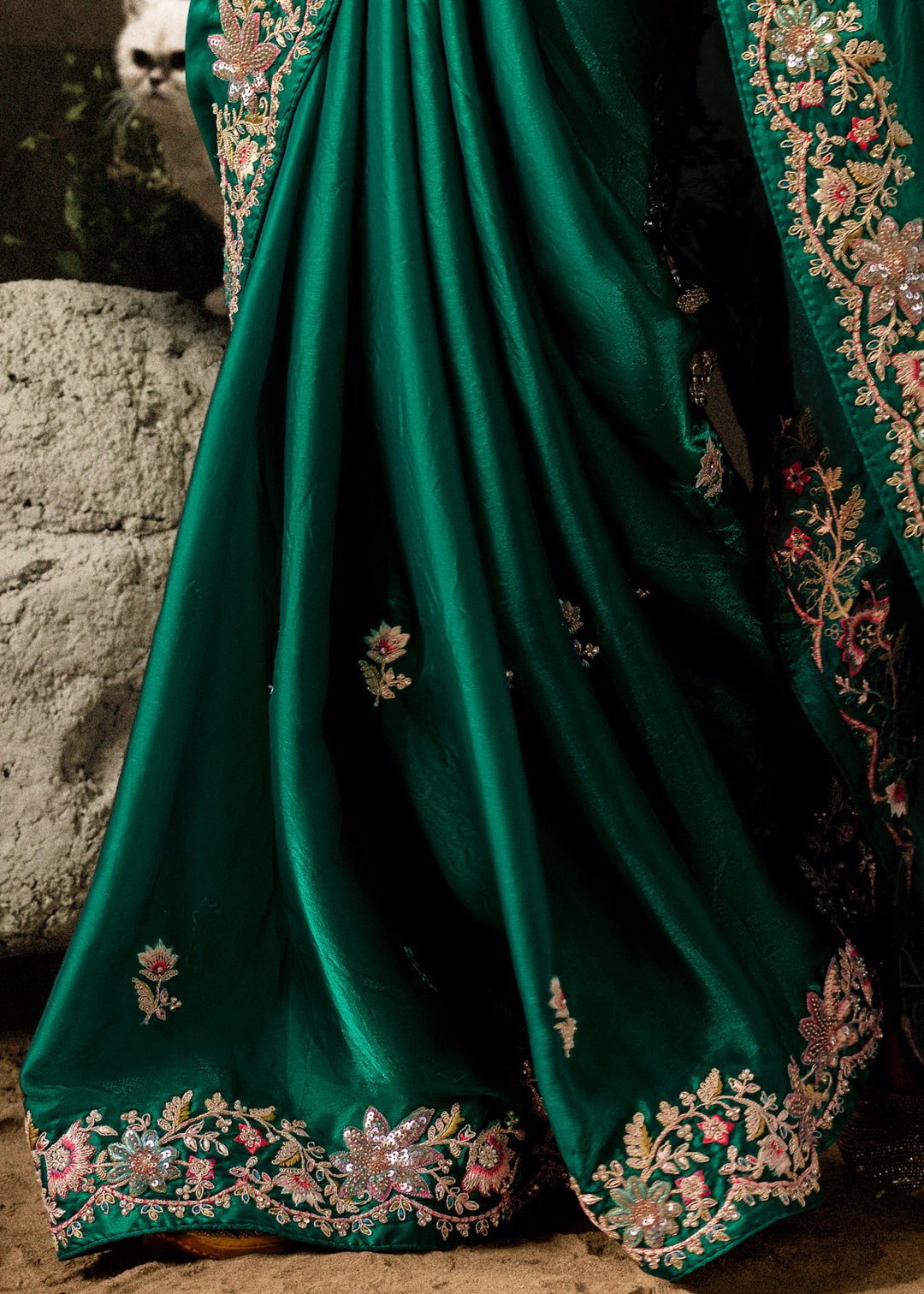 Dark Greasy Green Dola Silk Saree with Hand Embroidery work