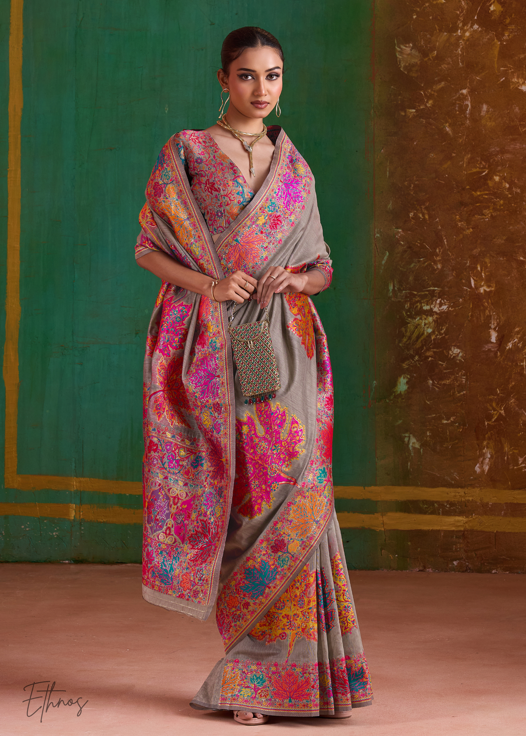 Mushroom Grey with Multicolour Floral Weave Saree