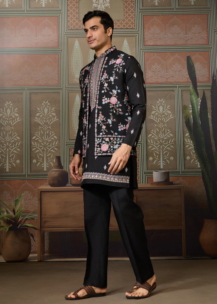 Jet Black Mens Wear Koti Style with Silk Kurta and Pajama