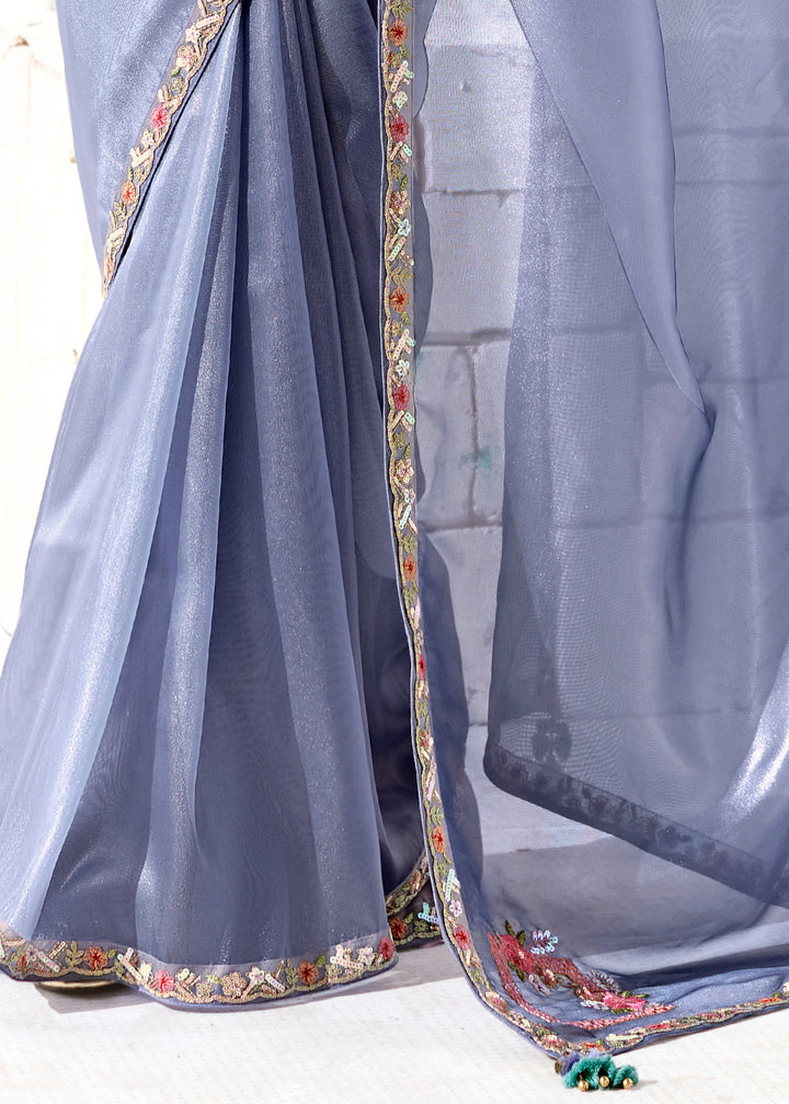 Cornflower Blue Organza Tissue Silk Saree With Heavy Work Border And Designer Blouse