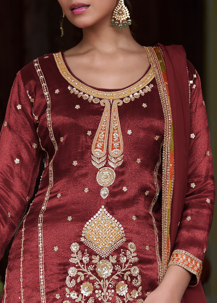 Maroon Red Simmer Silk Palazzo Suit With Embroidered Work