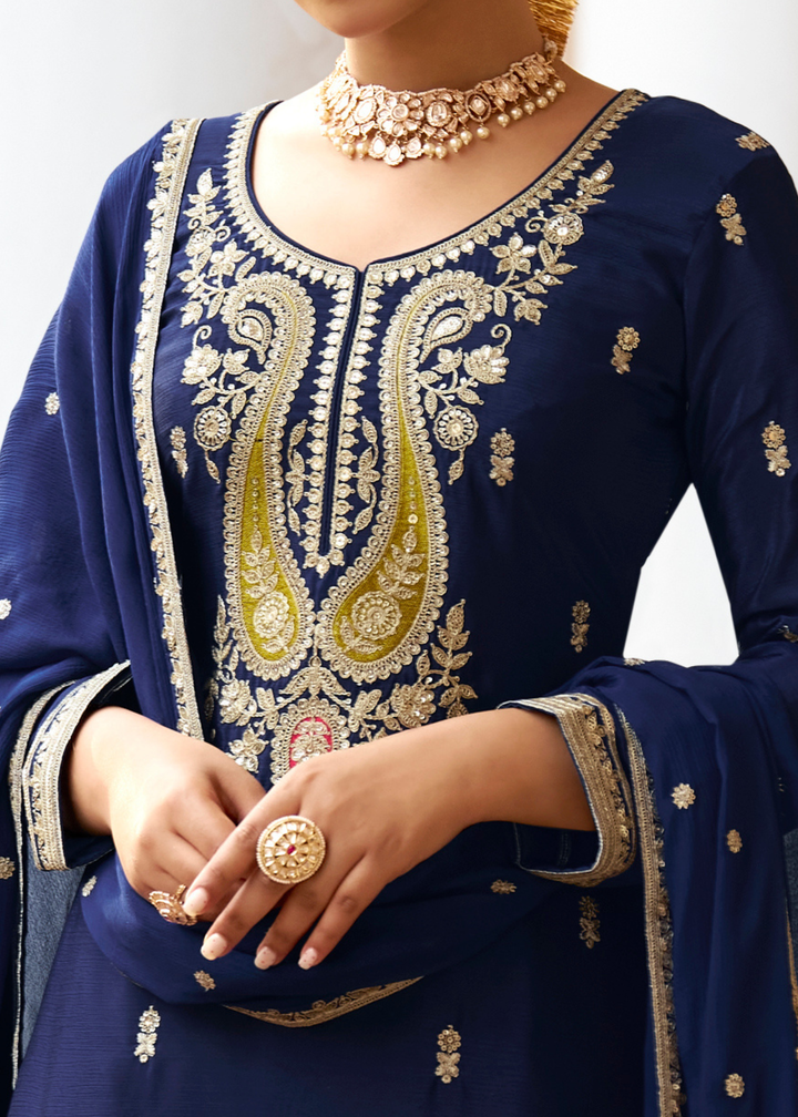 Navy Blue Chinon Palazzo Suit