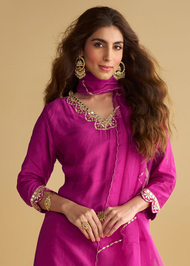 Bright Fuchsia Pink Silk Palazzo Suit With Gold Embroidery