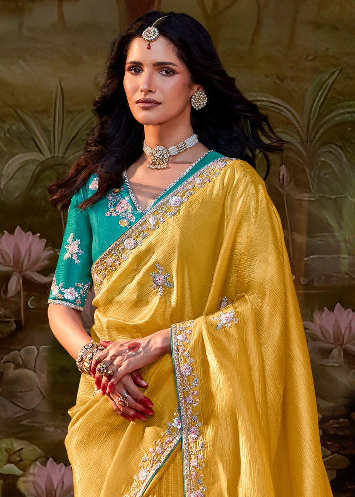 Torquise And Mustard Saree With Embroidery And Handwork Designer Cut Border