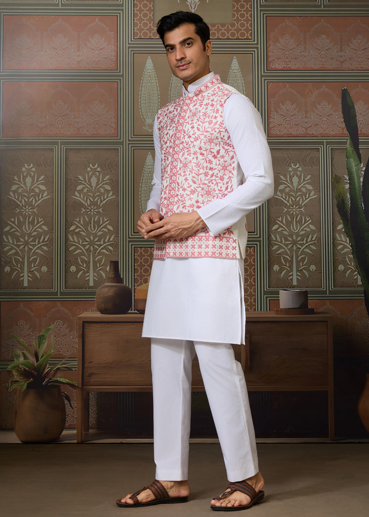 White Kurta And Pant With A Pink And White Embroidered Nehru Jacket