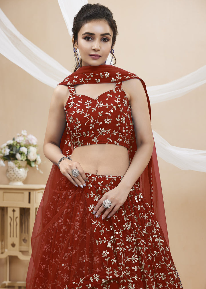 Maroon Red Georgette Lehenga Choli With Sequins Zari Embroidered Work