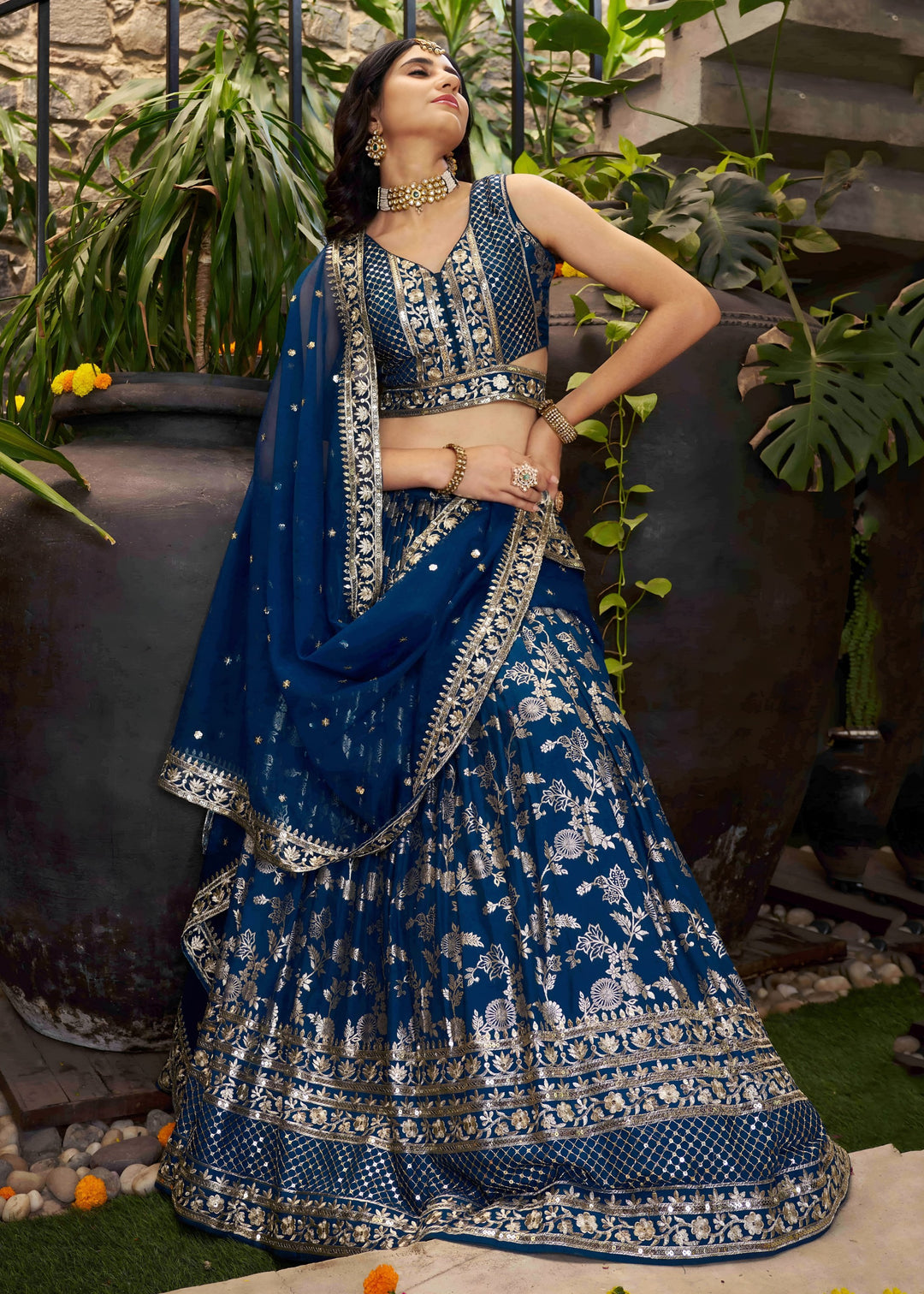 Dove Blue Sequins and Zari Embroidery Work Silk Lehenga
