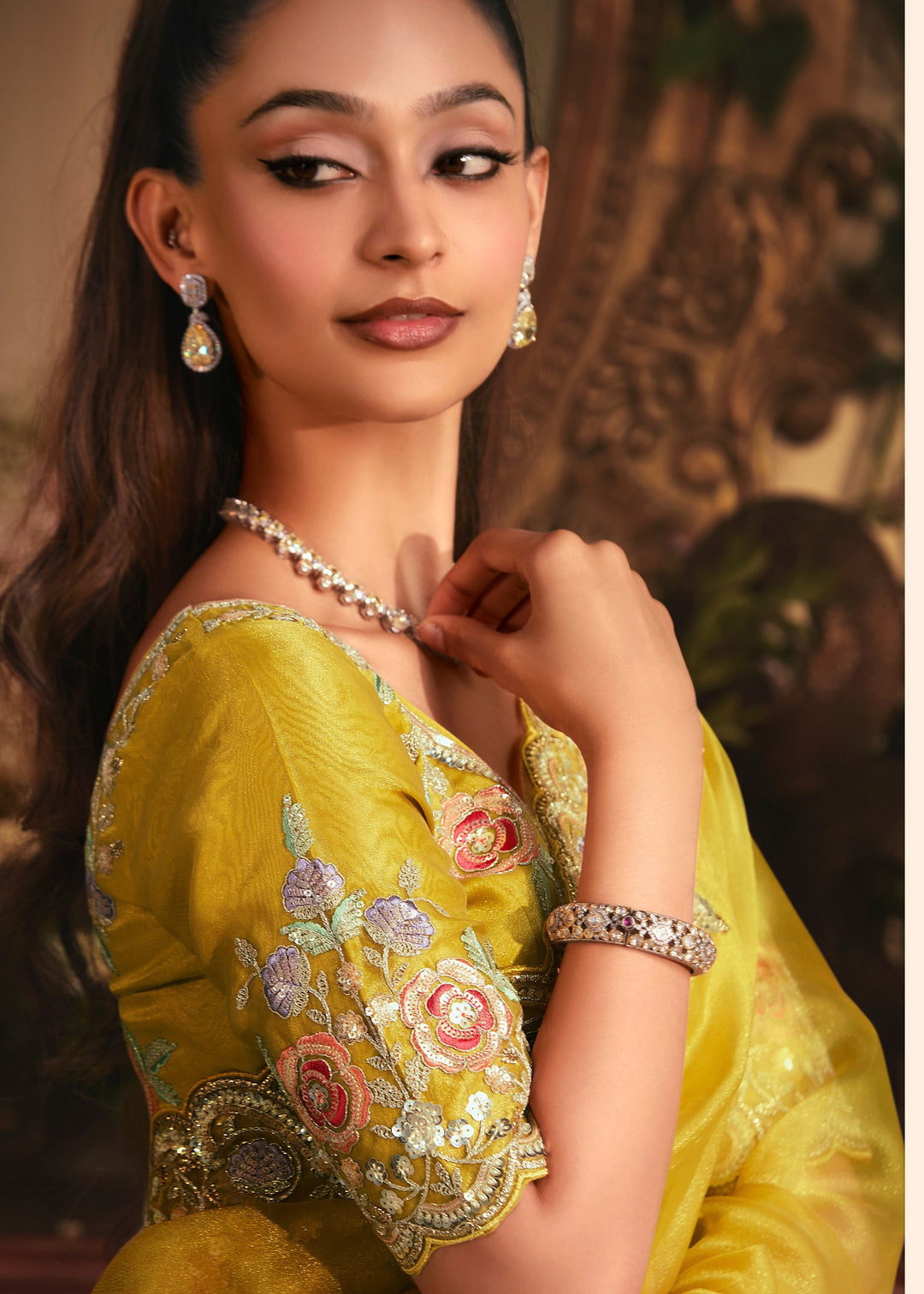 Mustard Yellow Tissue Organza Saree With Heavy Embroidery
