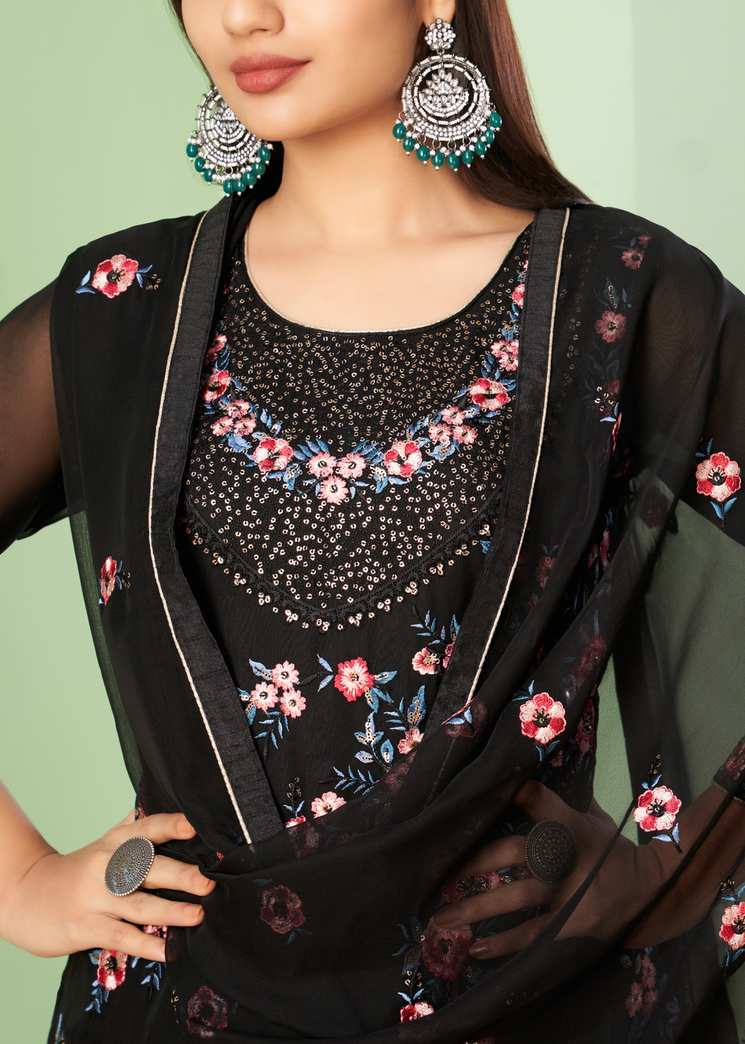 Pitch Black Georgette Salwar Suit with Multi Colour Thread Embroidery & Sequence work