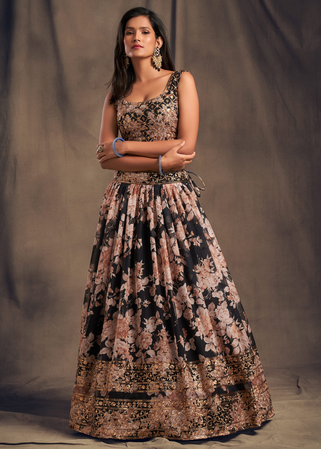 Black Organza Lehenga Sequins Zari Embroidery Work