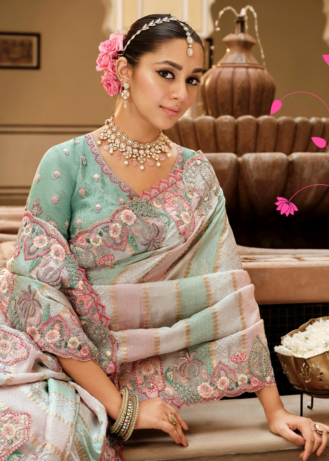 Pastel Mint Green & Pink Stripes with Floral embroidery Silk Saree