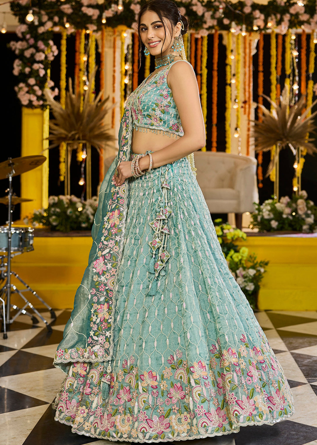 Rama Satin Silk Lehenga Choli with Sequinned Embroidered