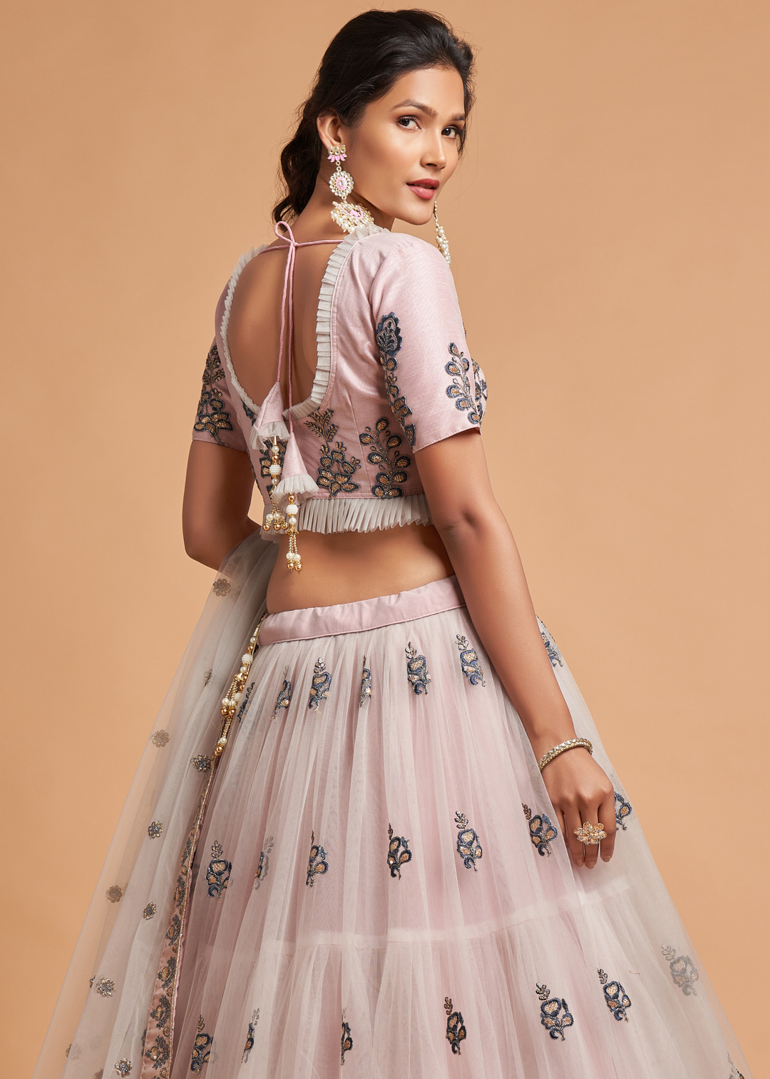 Pinkish Grey Designer Soft Net Lehenga Choli with Thread, Dori, Zari & Sequins work