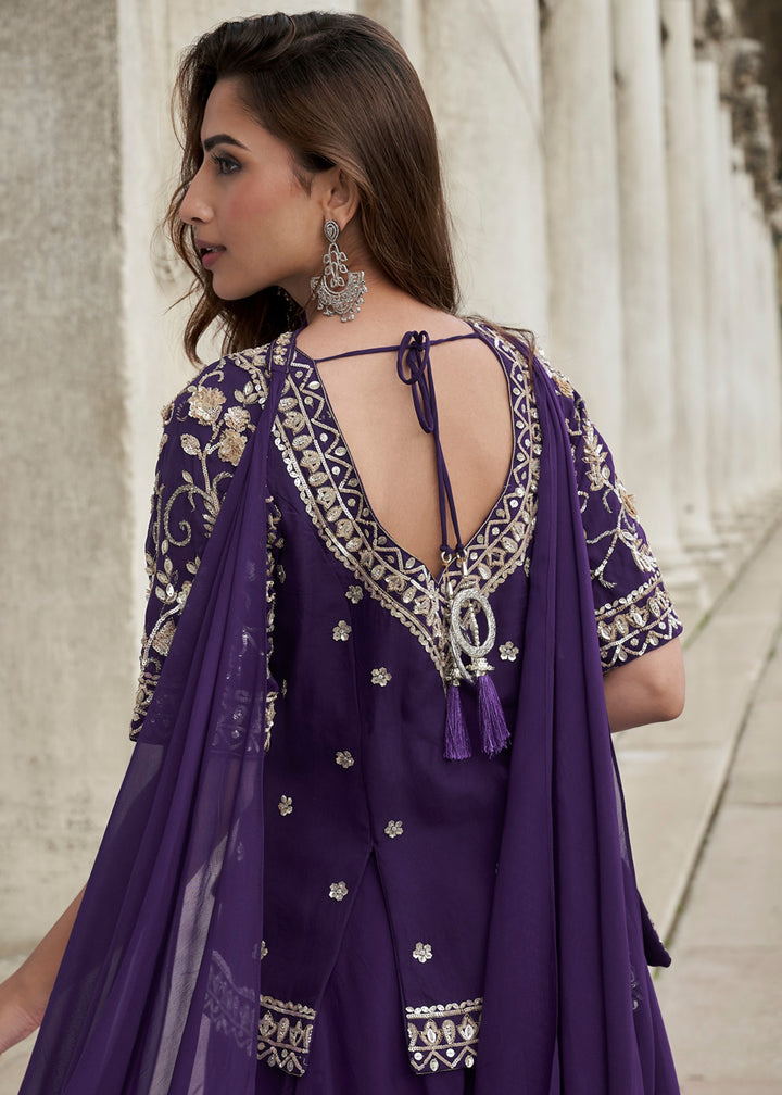 Eggplant Purple Organza Silk Palazzo Suit With Designer Dupatta