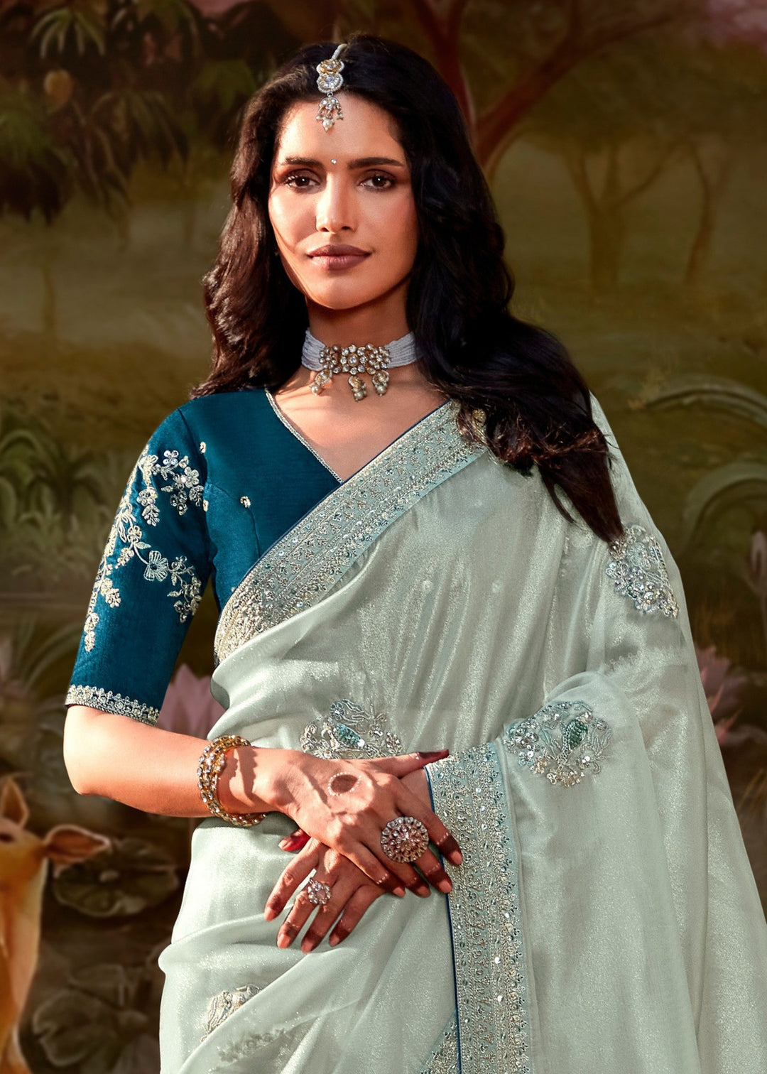 Teal Blue And Cream Cotton Silk Saree