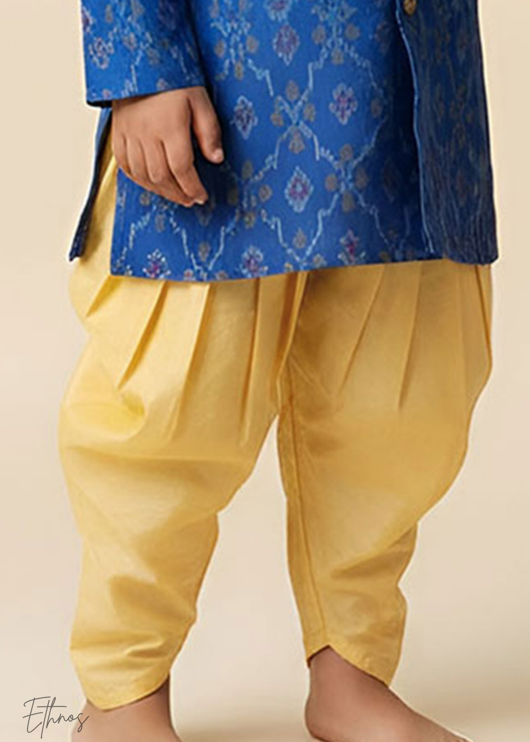Raw Silk Dark Blue Ikat Kurta with Patiyala Pants