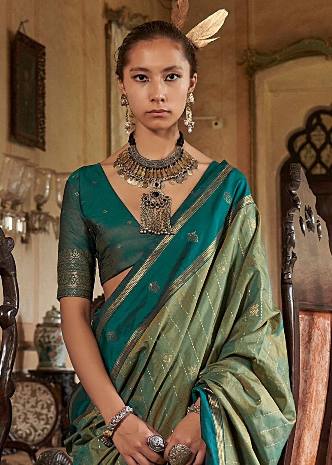 Pear Tussar Silk Handloom Weaving Saree