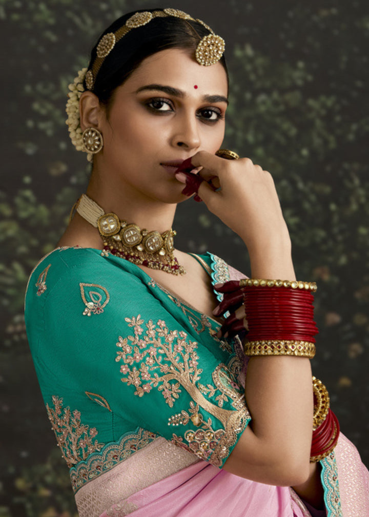 Soft Pink and Green Saree with Viscose Silk and Zari Work