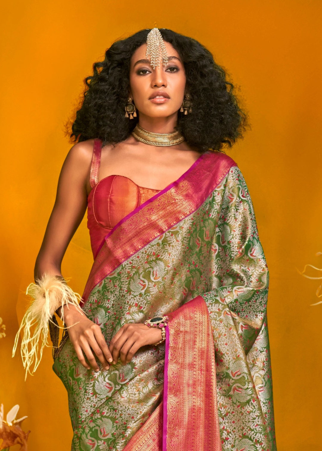 Red And Green Pure Dharamavaram Silk Saree