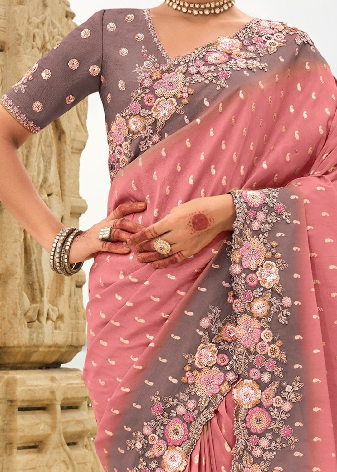 Salmon Pink Silk Saree With Embroidery Cut and Butti Work