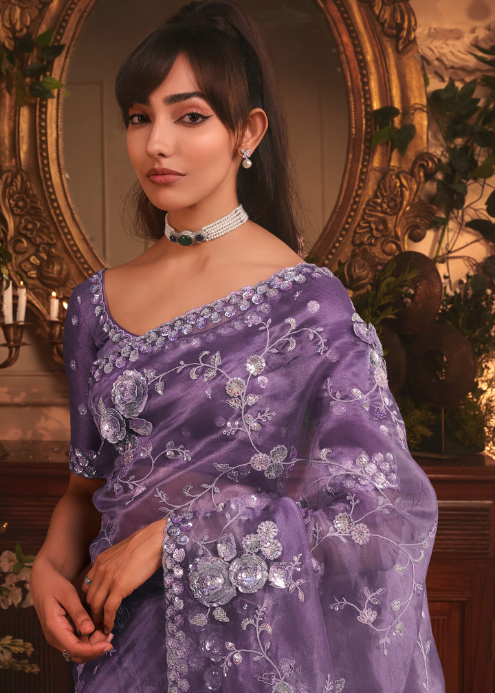 Lavender Purple Tissue Organza Saree With Heavy Embroidery