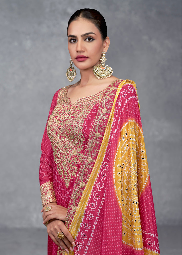 Fuchsia Pink Chinon Salwar Suit with Yellow–Orange Dupatta