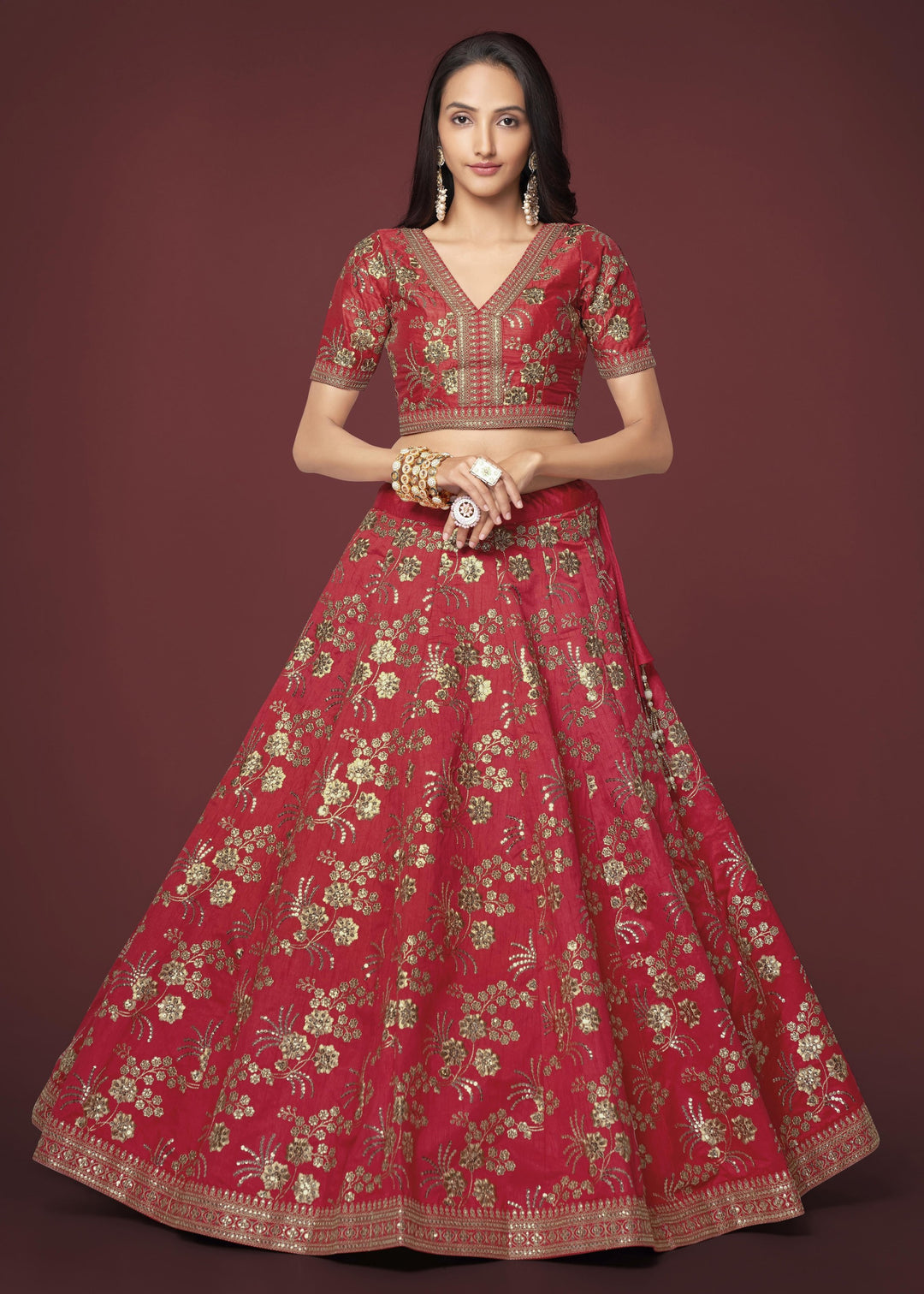 Red Slub Silk Lehenga with Zari Sequins and Dori Embroidery Work