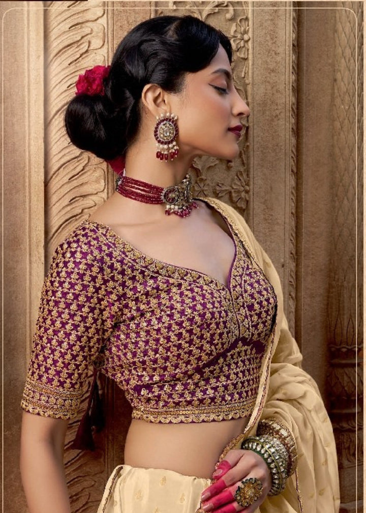 Cream Pure Viscous Crepe based fabric with Hand dying & Butti weaving Saree