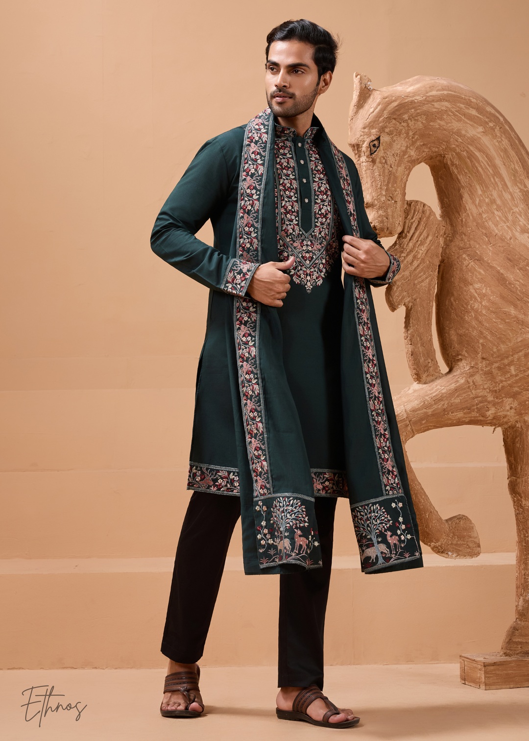 Green Mens Wear Silk Kurta With Pant And Dupatta