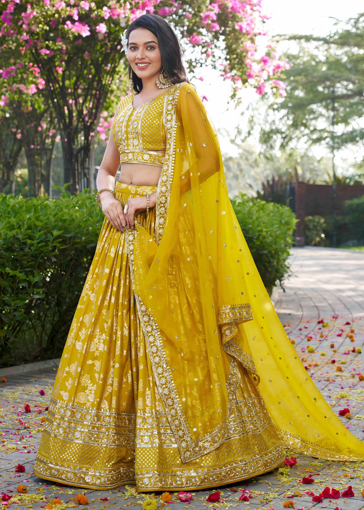 Yellow Sequins and Zari Embroidery Work Silk Lehenga