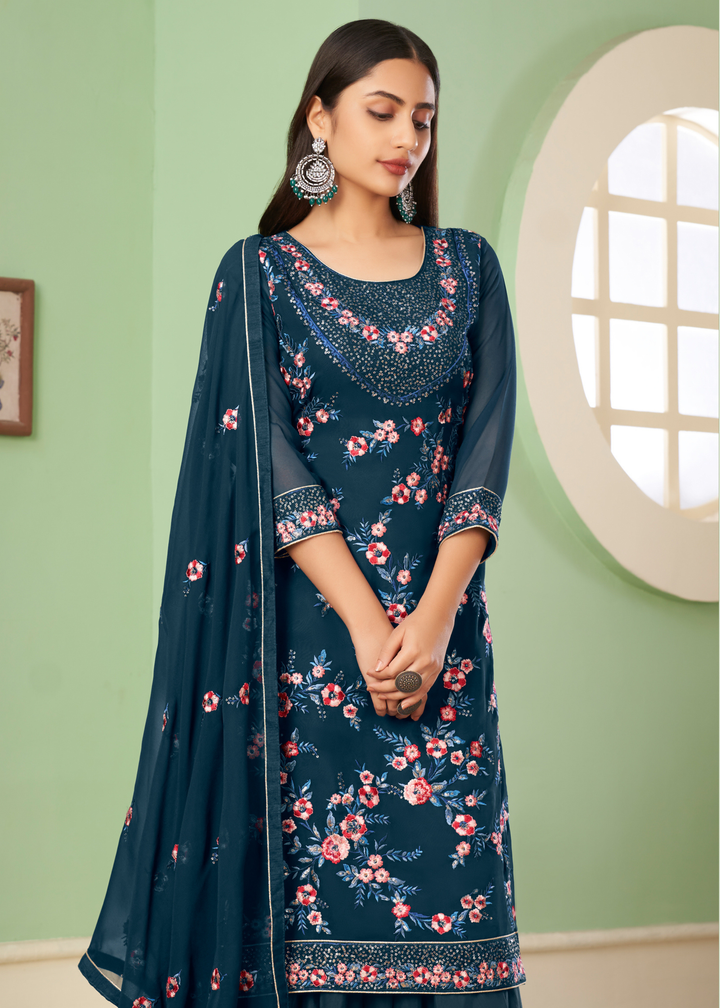 Space Blue Georgette Salwar Suit with Multi Colour Thread Embroidery & Sequence work