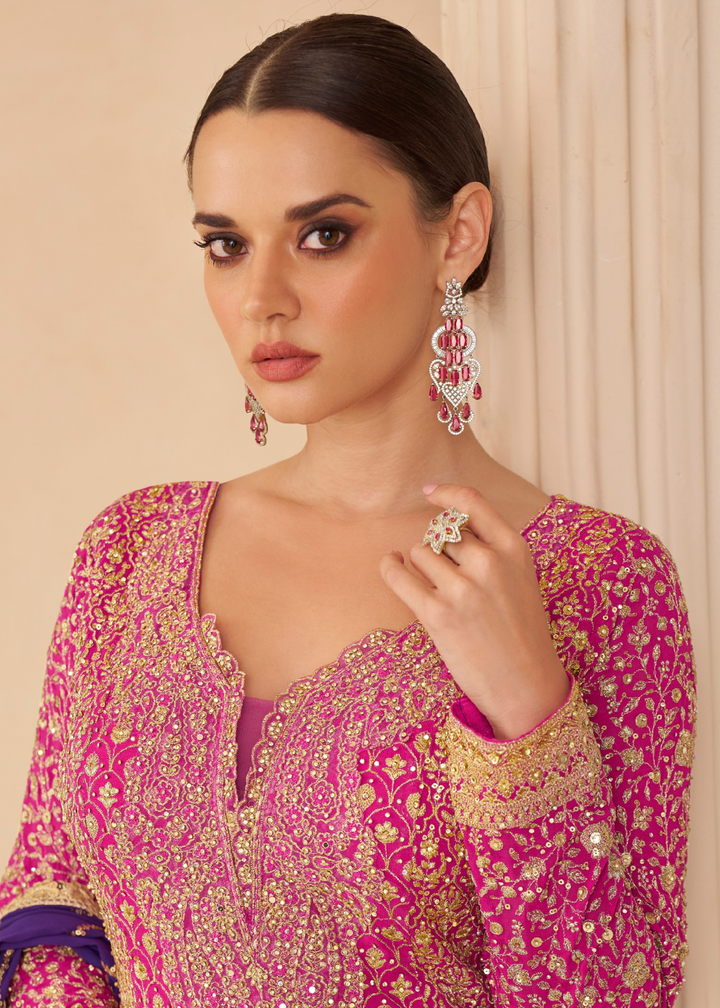 Hot Pink With Gold Embroidery Georgette Palazzo Suit