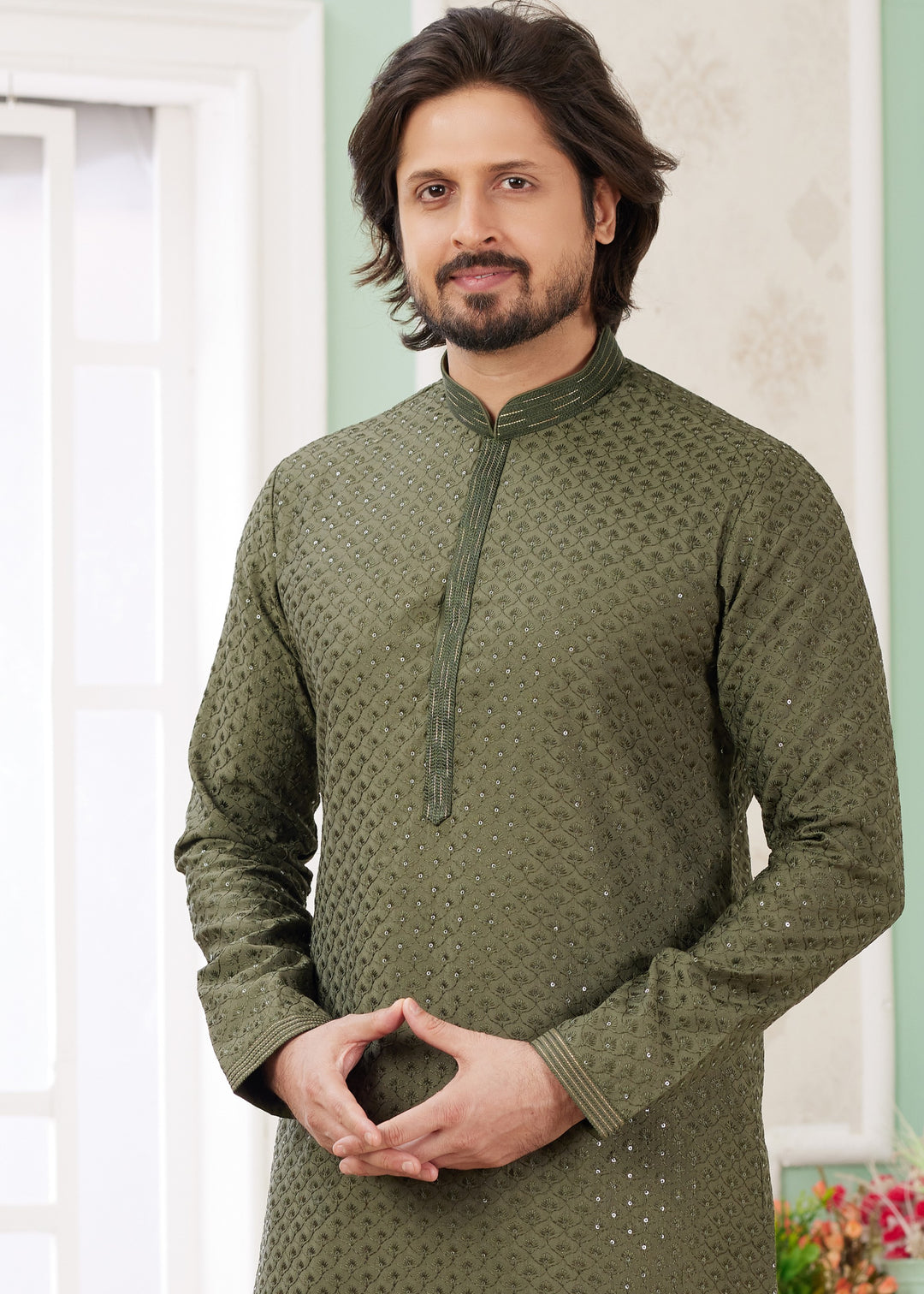 Mehendi Green Silk Mens Kurta Set With Thread Embroidery Work