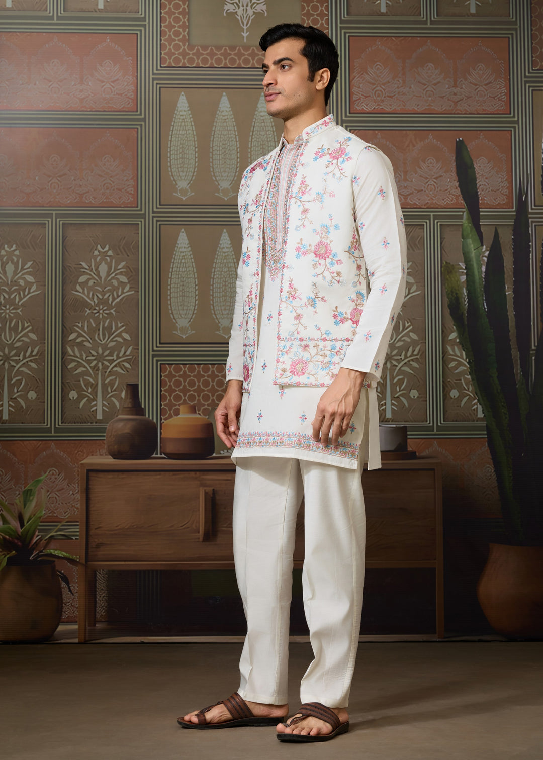 Pure White Mens Wear Koti Style with Silk Kurta and Pajama