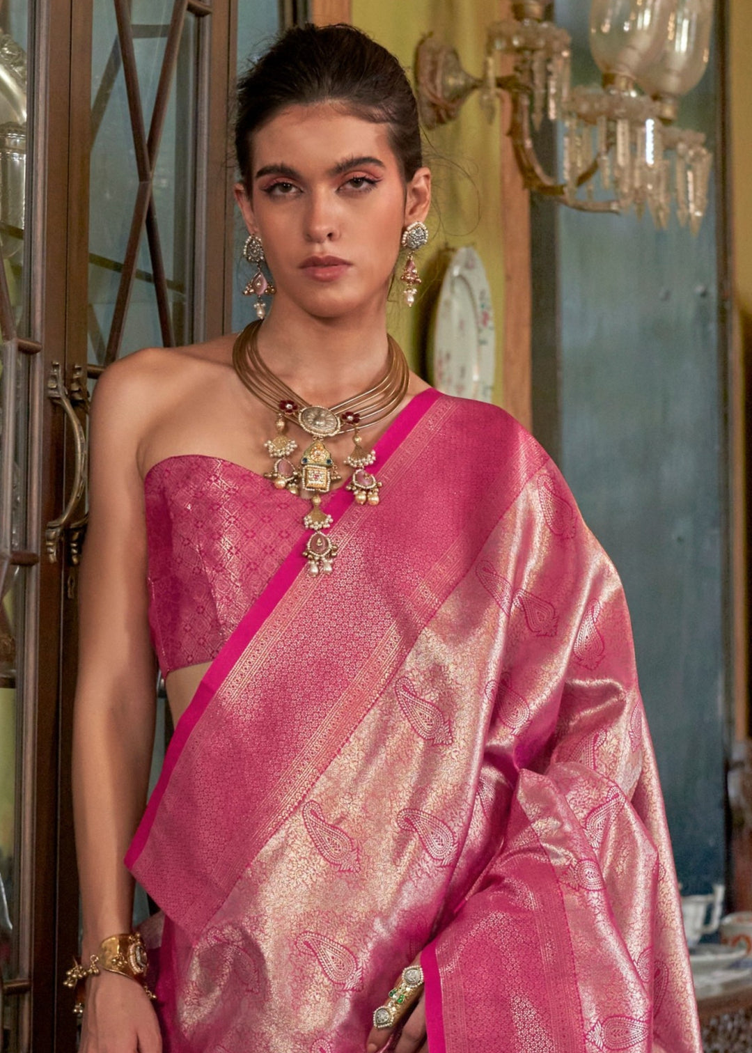 Pink Pure Handloom Dharmavaram Weaving Silk Saree