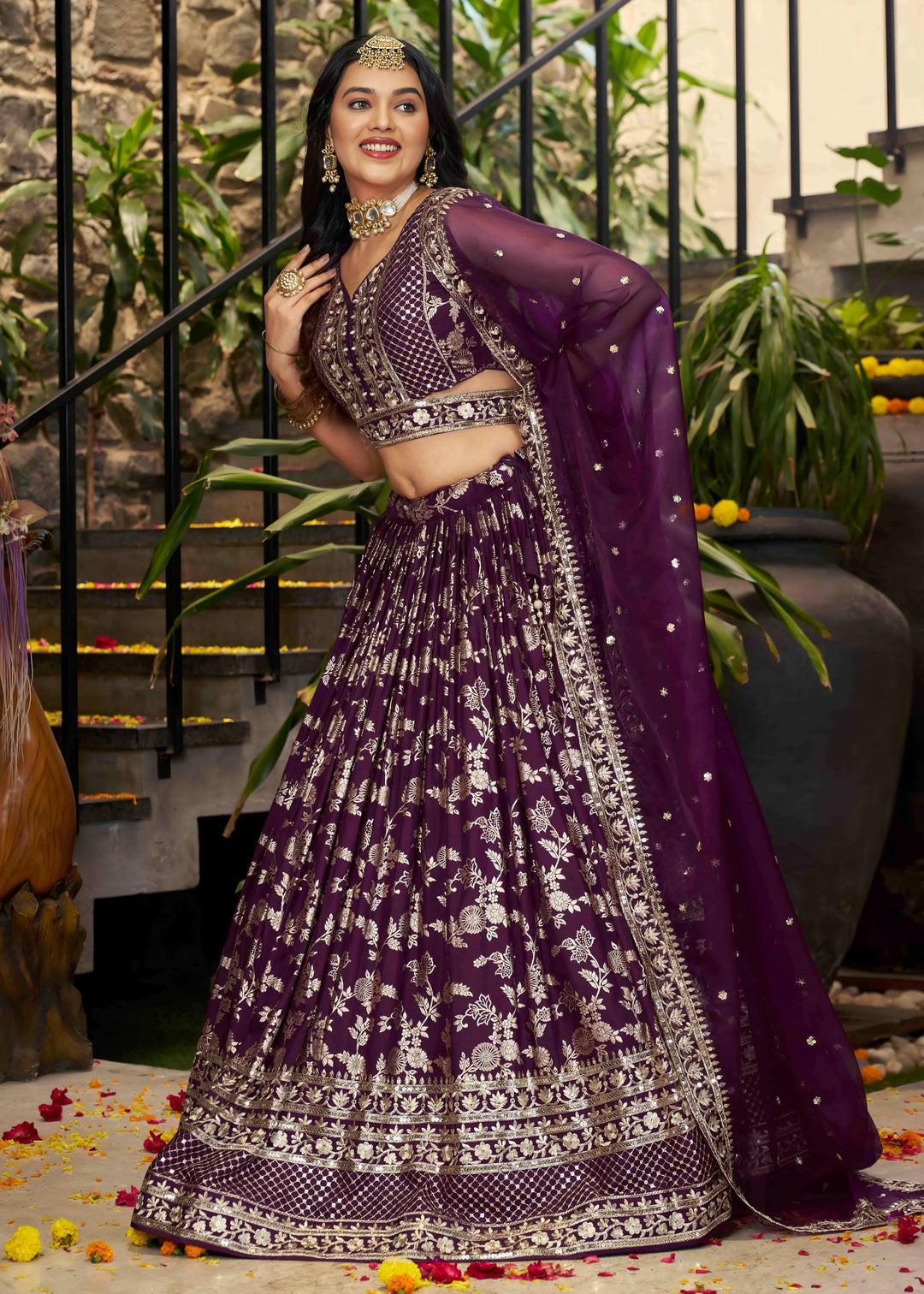 Wine Sequins and Zari Embroidery Work Silk Lehenga
