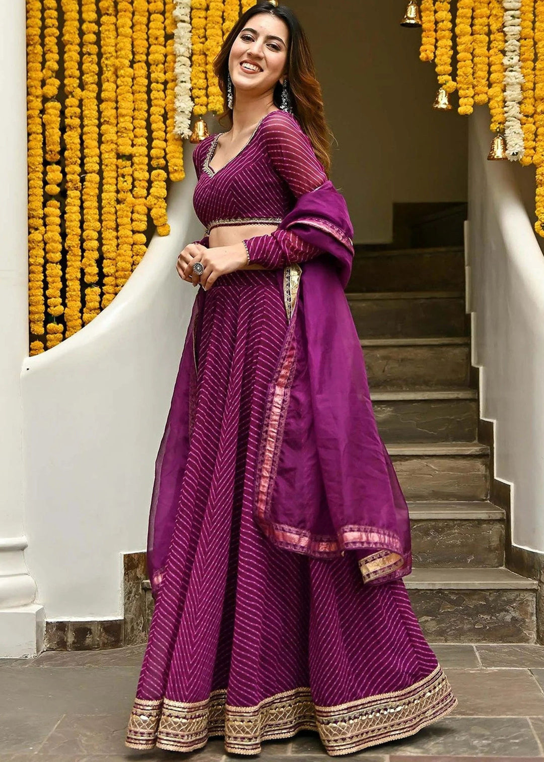 Grape Purple Georgette Leheriya Print Lehenga With Zari And Lace Work