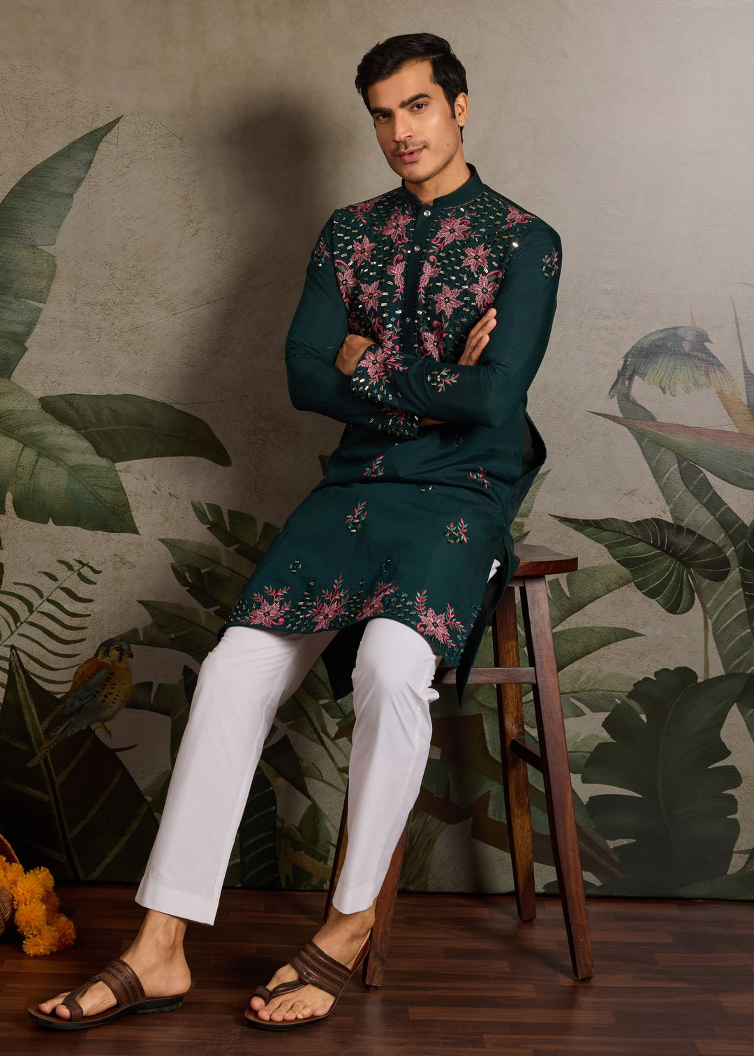 Forest Green Mens Wear Silk Kurta with Pant