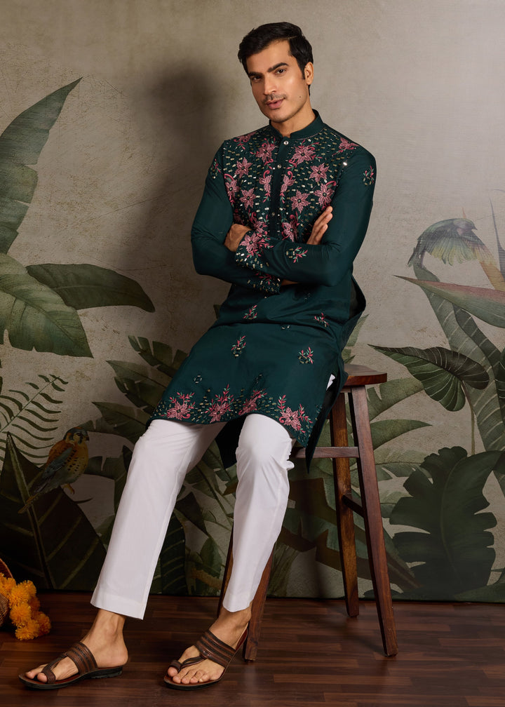 Forest Green Mens Wear Silk Kurta with Pant