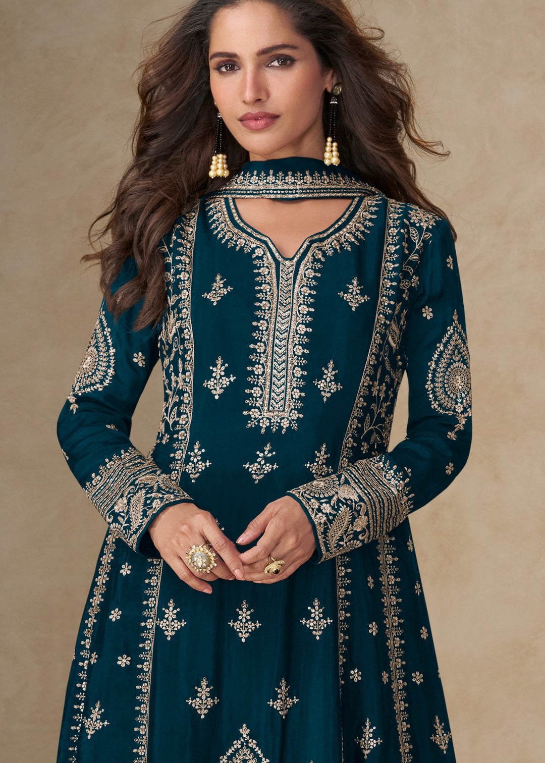 Aegean Blue Chinon Silk Suit With Embroidery Work