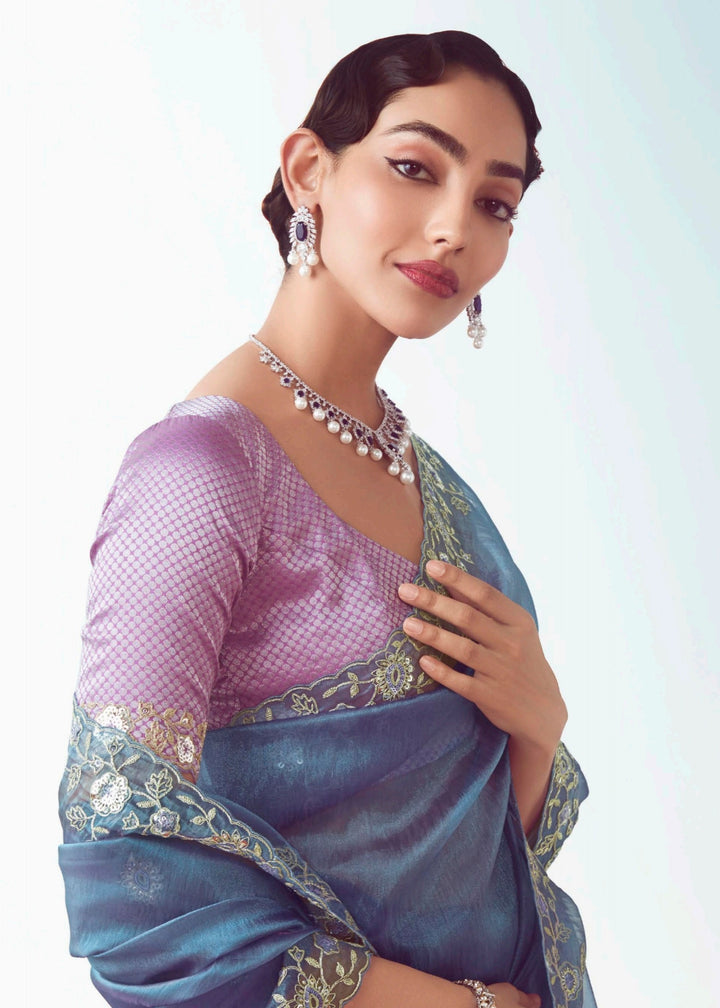 Majorelle Blue Fancy Fabric Silk Saree With Hand Embroidered Work And Cut Work Border