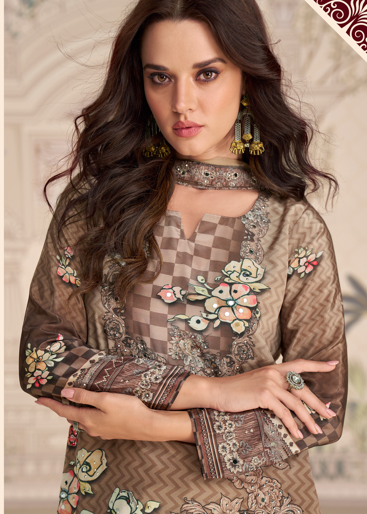 Coffee Brown Crep Silk Sharara Suit