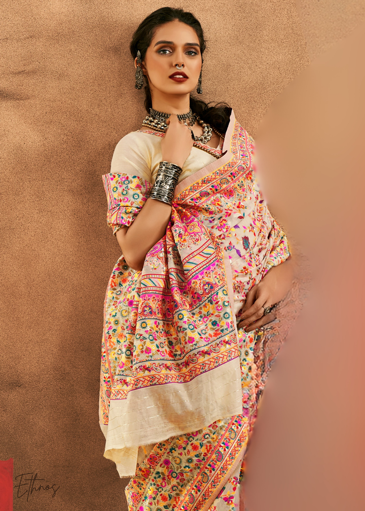 Soft Ivory Peach with Multicolour Kashmiri Floral Weave Saree