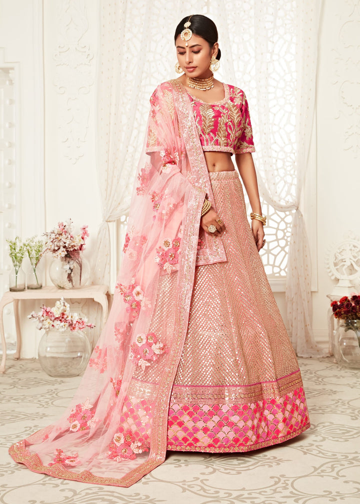 Pink Soft Net Lehenga With Zari, Dori, Thread And Sequins Floral Embroidery