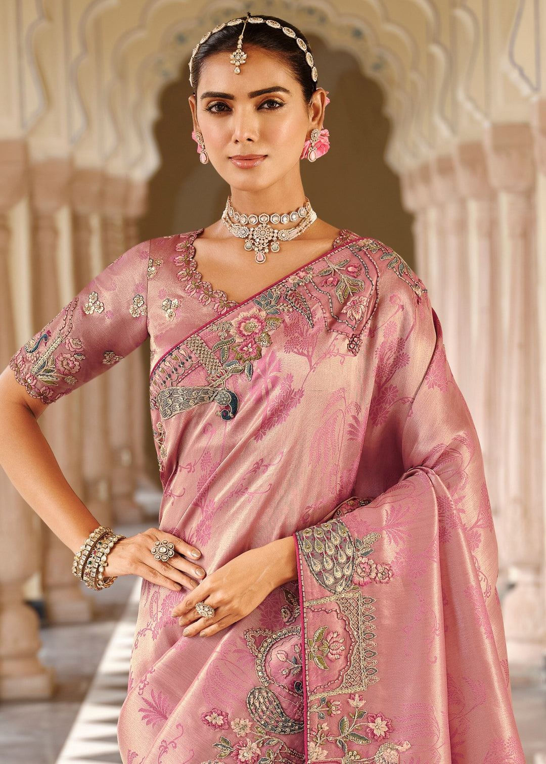 Mauve Pink with Floral detailing Silk Saree