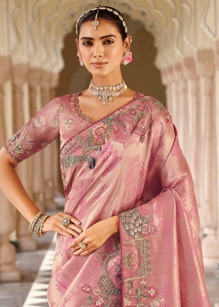 Mauve Pink with Floral detailing Silk Saree