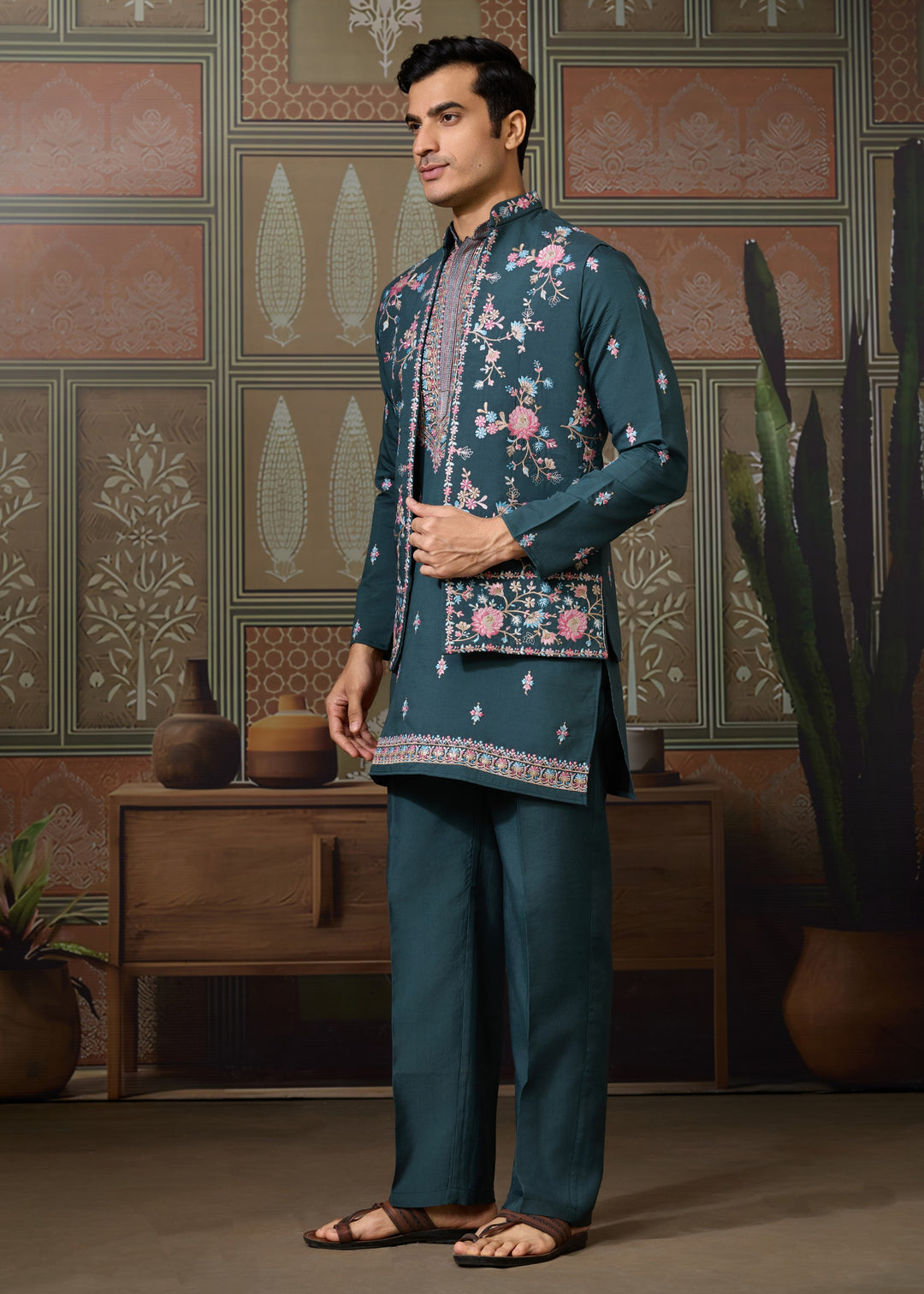 Rama Green Mens Wear Koti Style with Silk Kurta and Pajama