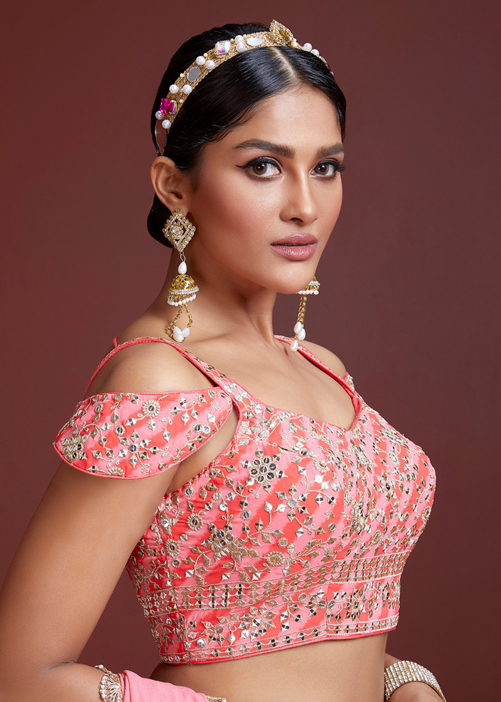 Shades Of Pink leheriya Printed Organza Silk Lehenga Choli with Zari & Sequins work