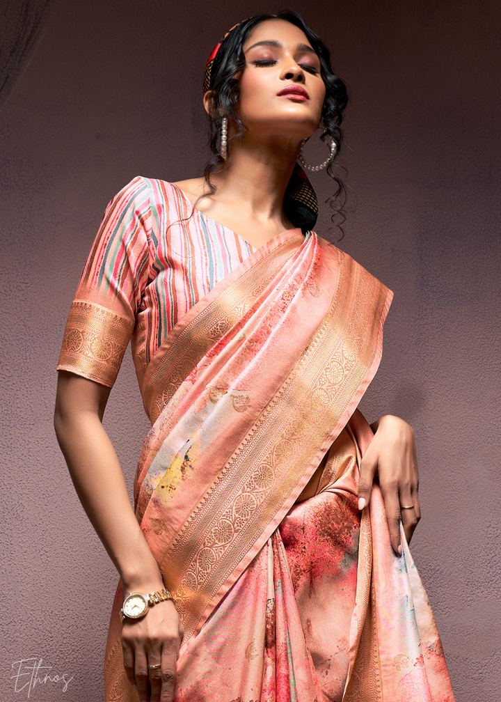 Cantaloupe Orange Handloom Weaving Silk Saree
