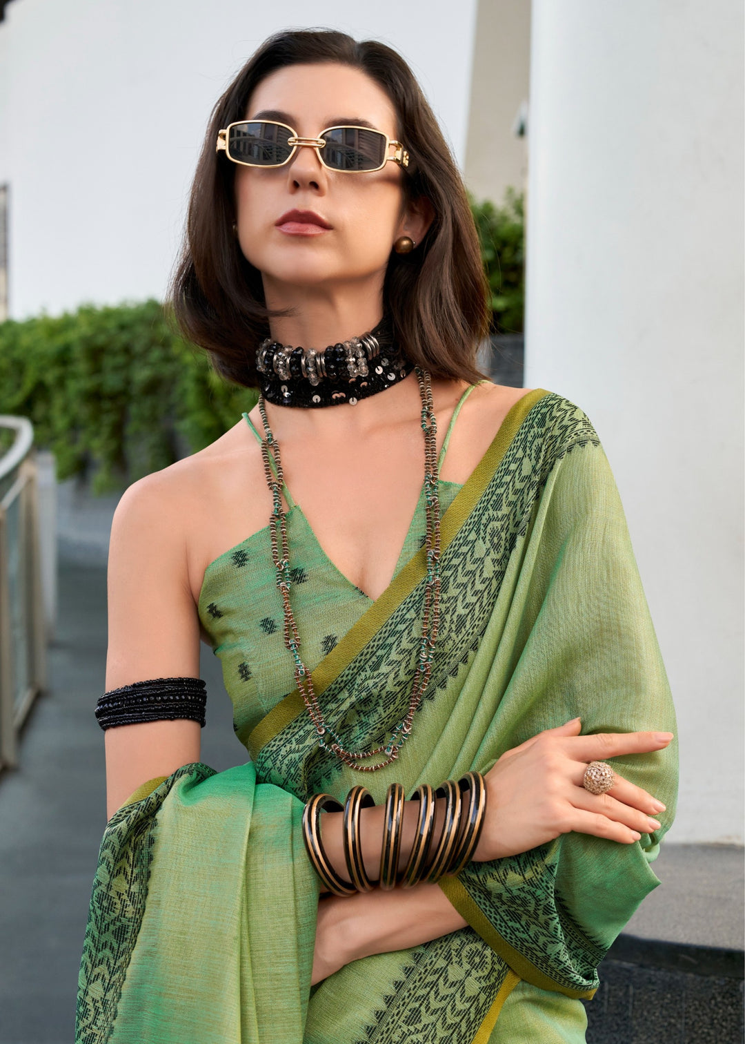 Dynasty Green Linen Tissue Silk Saree